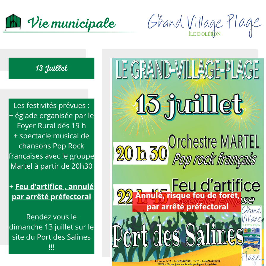 Le 13 juillet à Grand Village !!